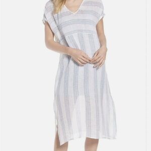 Eileen Fisher Organic Linen Caftan Dress Coverup-Blue and White